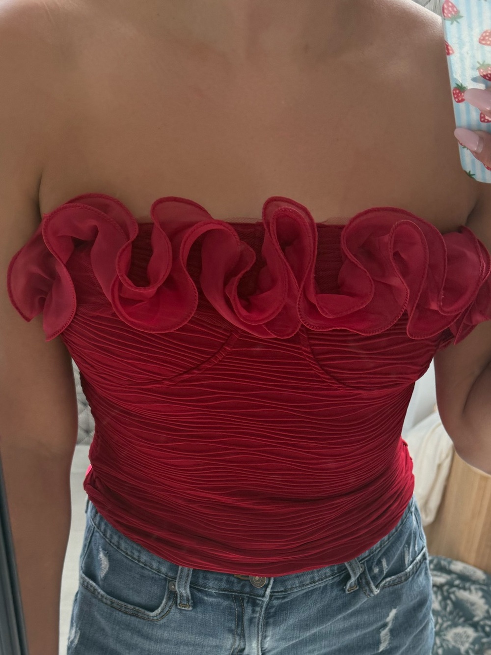 SHEIN Red Strapless Ruffle Ruched Camisole